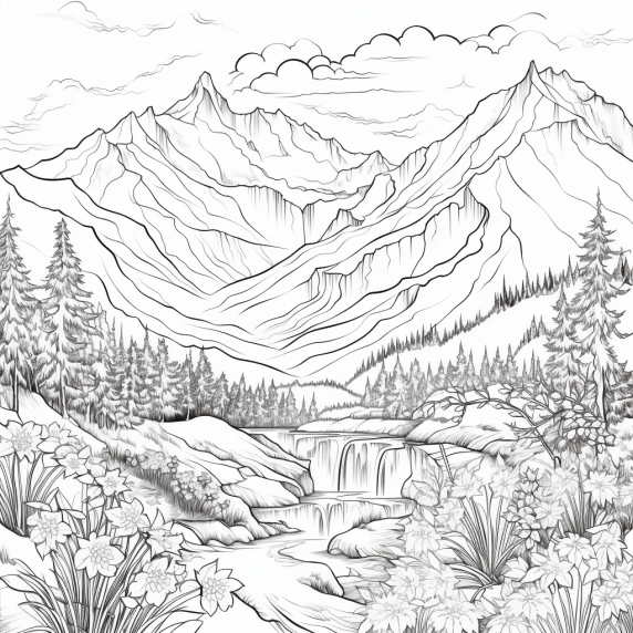 ציור נוף הרים לצביעה