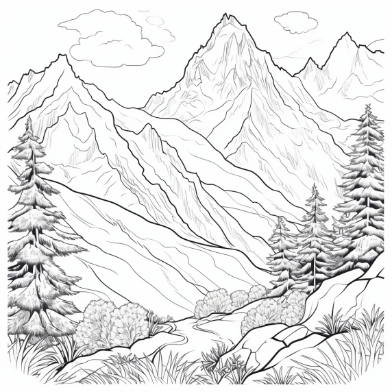 ציור נוף הרים לצביעה